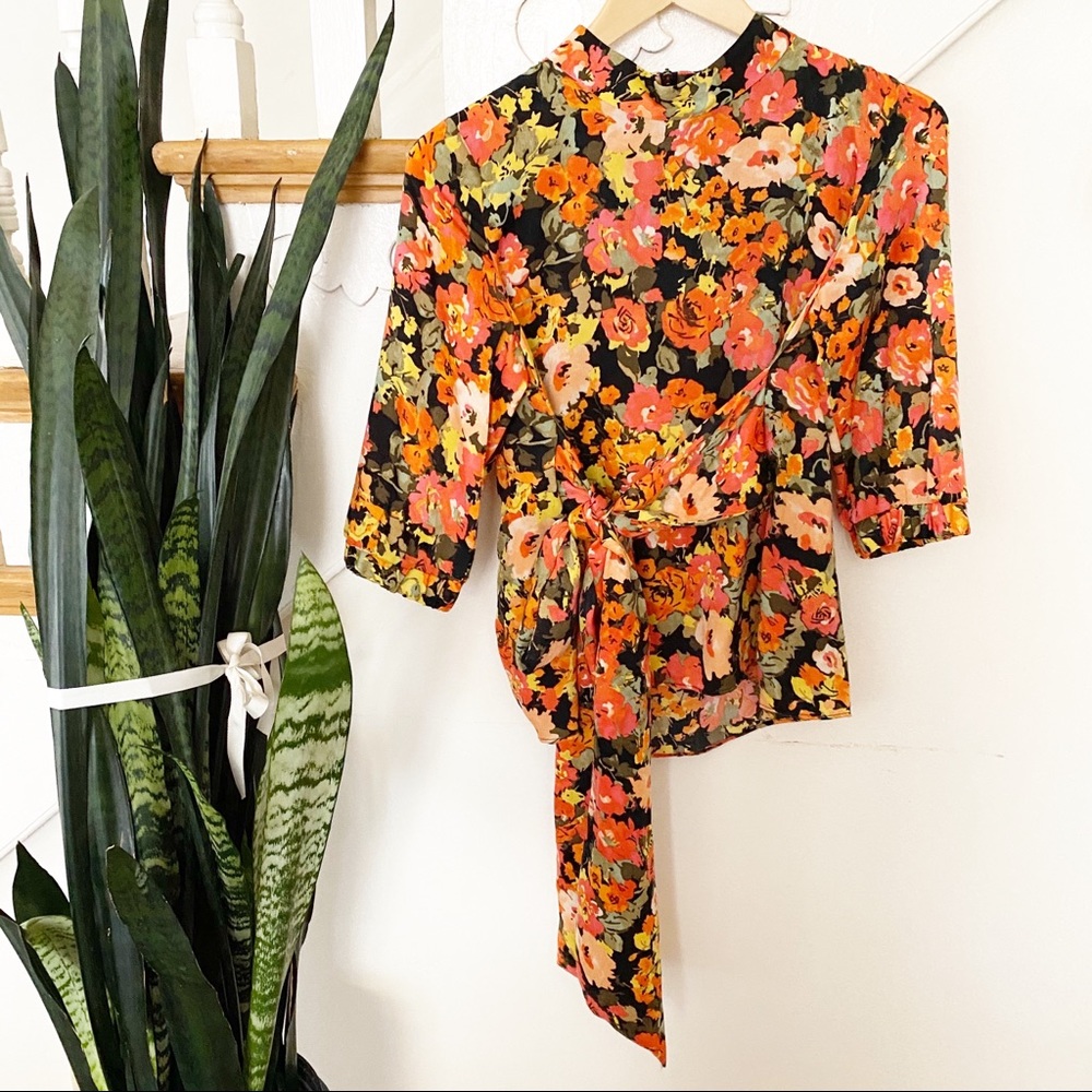 ZARA Orange Floral Pattern Bow Blouse Size Medium